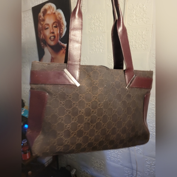 GUCCI GG Denim Mini Tote Leather Black Brown Handle Bag AUTHENTIC - Picture 3 of 15